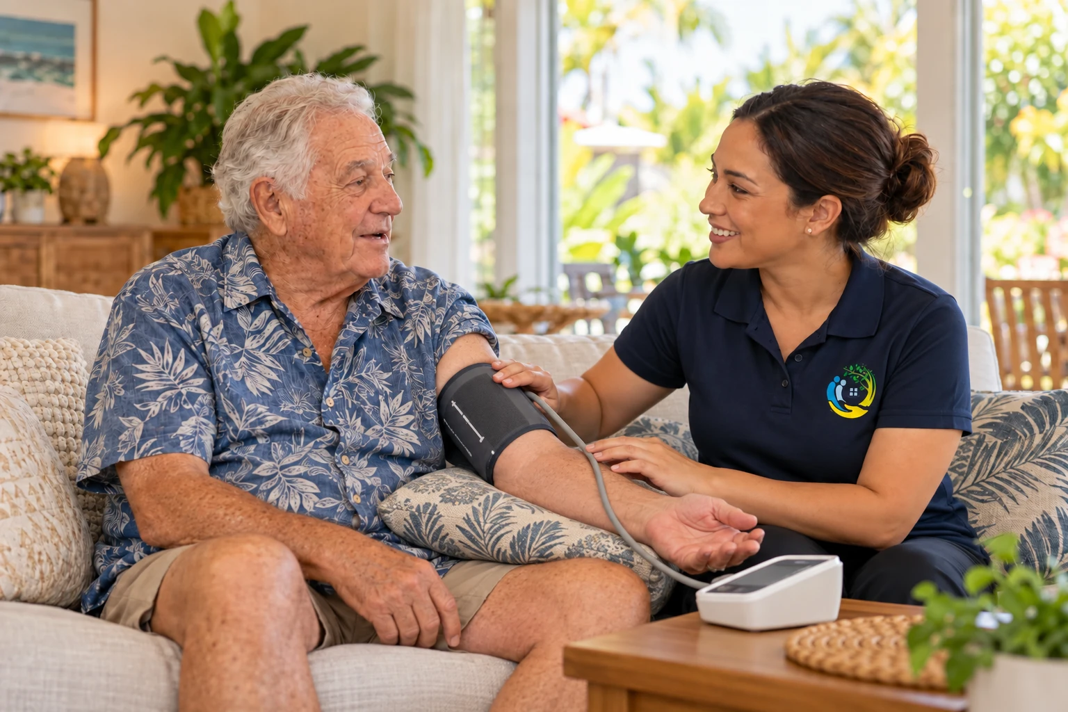 A community nurse in a navy Russell Healthcare polo checking an older adult’s blood pressure at home