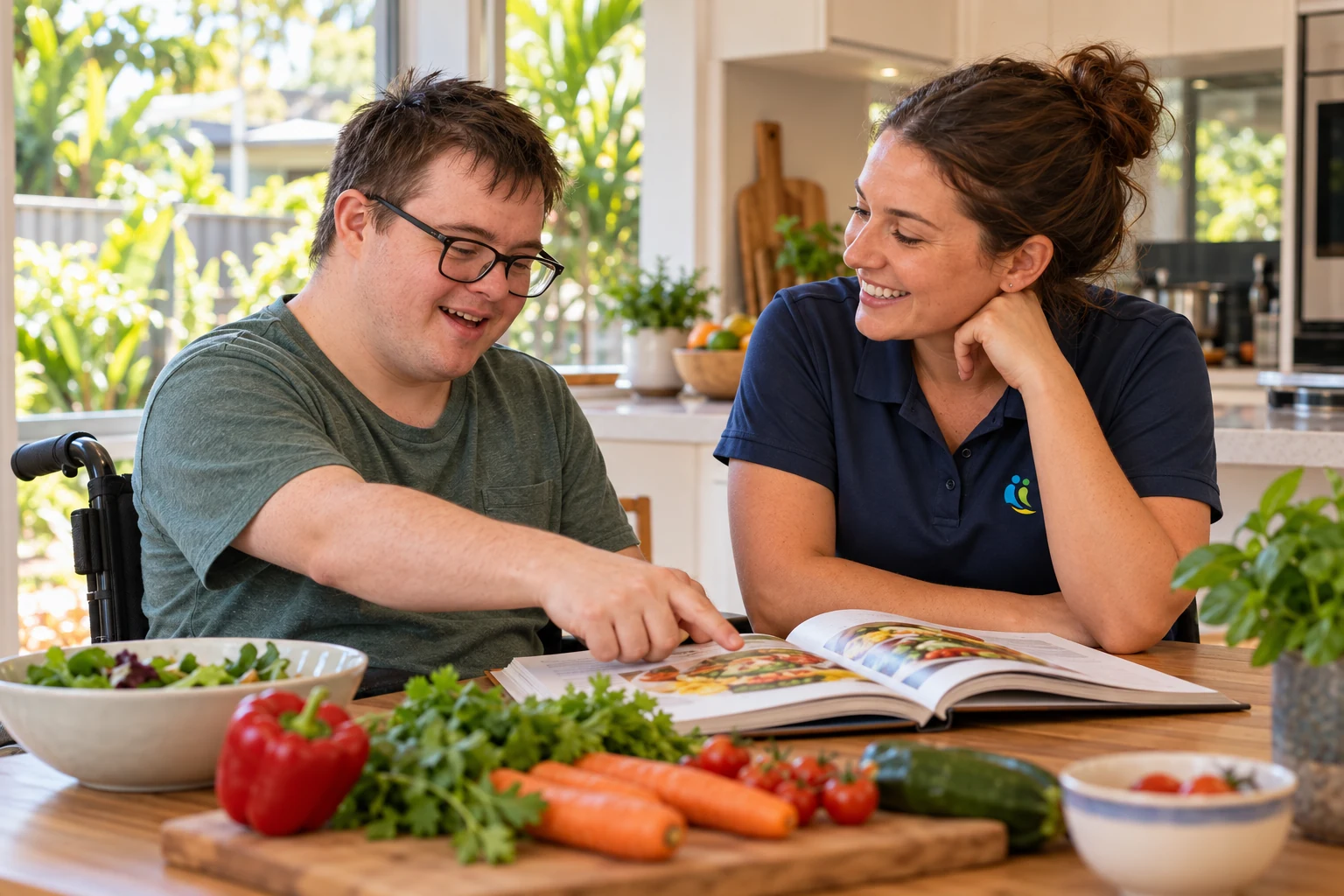 A wheelchair user and a support worker talking together at home